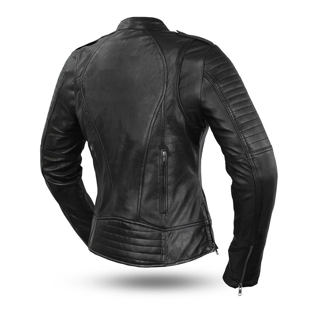 A stylish women's leather motorcycle jacket featuring a double snap banded collar, zippered pockets, and armored pockets for safety.