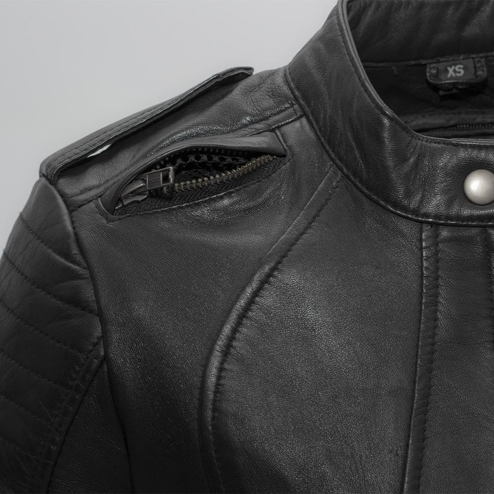 A stylish women's leather motorcycle jacket featuring a double snap banded collar, zippered pockets, and armored pockets for safety.