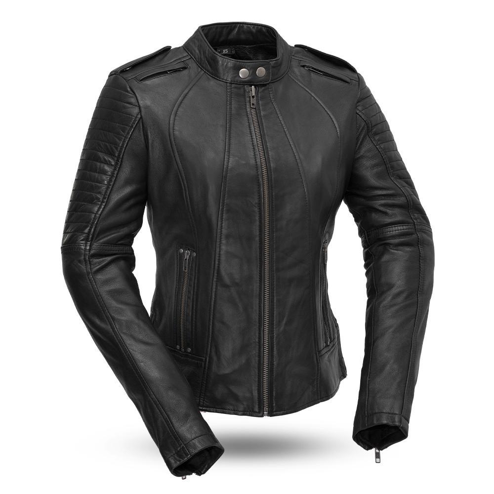 A stylish women's leather motorcycle jacket featuring a double snap banded collar, zippered pockets, and armored pockets for safety.