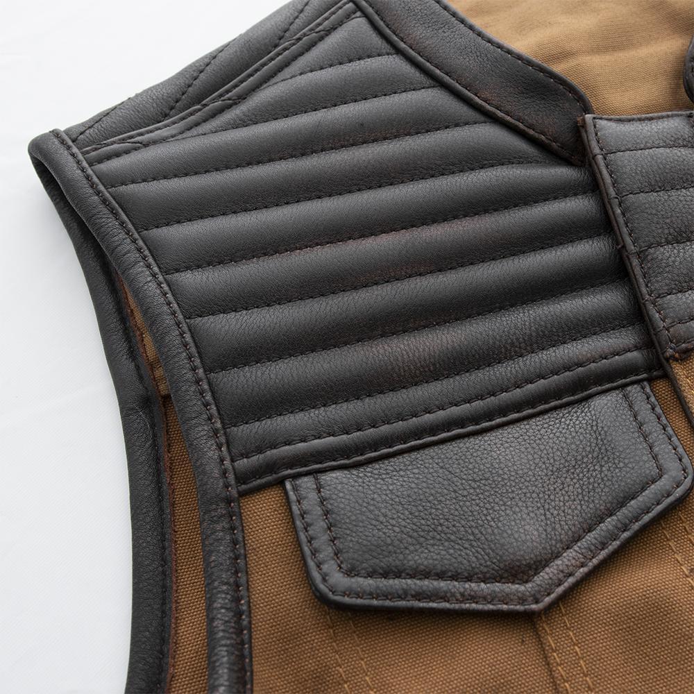 Bison Men's Club Style Leather/Canvas Vest featuring diamond distressed brown shoulders and multiple pockets.