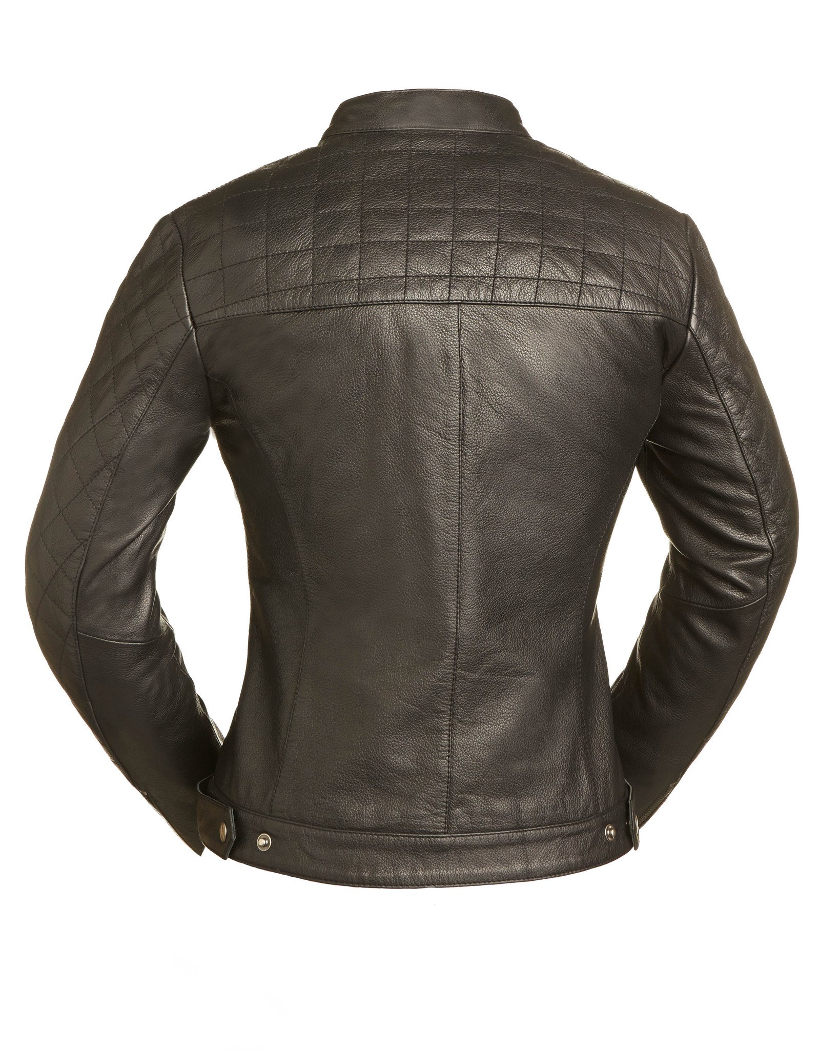 Black Diamonds Women's Leather Motorcycle Jacket with quilted details and stylish design, featuring a scooter-style collar and zip pockets.