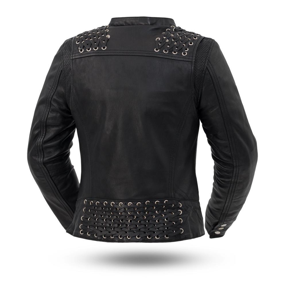 Black Widow Women's Leather Motorcycle Jacket featuring lace detailing, asymmetrical zipper, and multiple pockets.