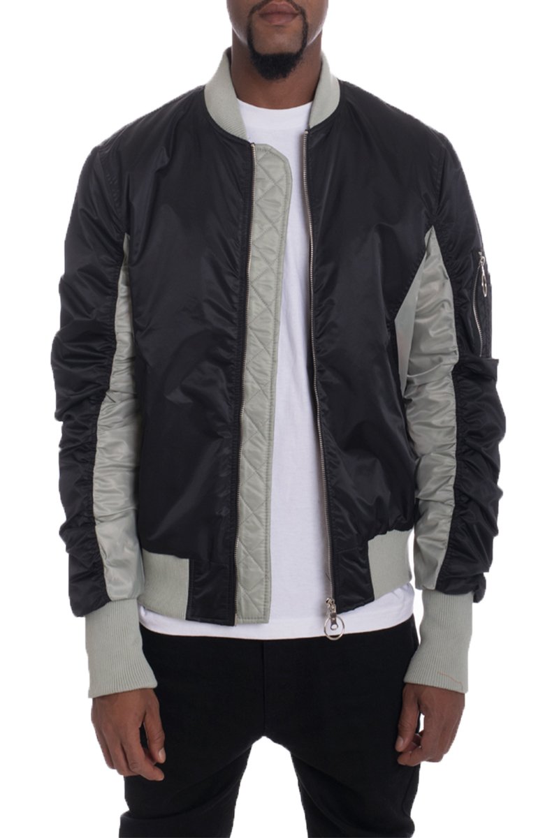 Bolden Two Tone Bomber jacket featuring scrunched sleeves and a stylish two-tone design, perfect for casual and trendy outfits.