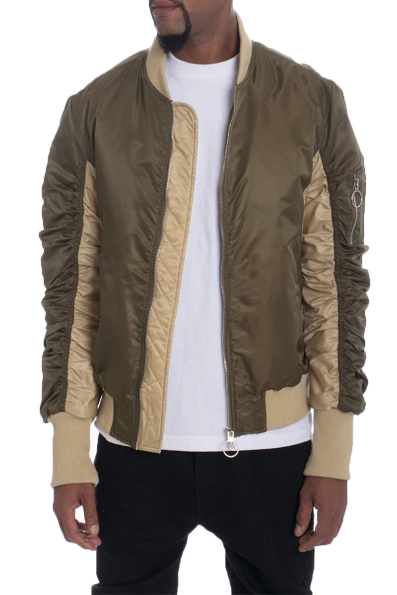 Bolden Two Tone Bomber jacket featuring scrunched sleeves and a stylish two-tone design, perfect for casual and trendy outfits.