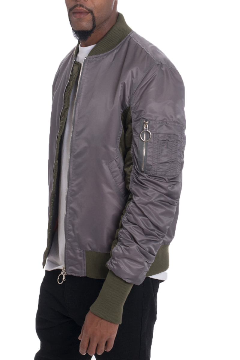 Bolden Two Tone Bomber jacket featuring scrunched sleeves and a stylish two-tone design, perfect for casual and trendy outfits.