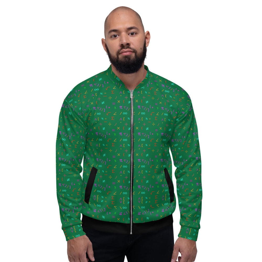 Men's green bomber jacket featuring a unique math equations pattern, lightweight and stylish for casual and business wear.