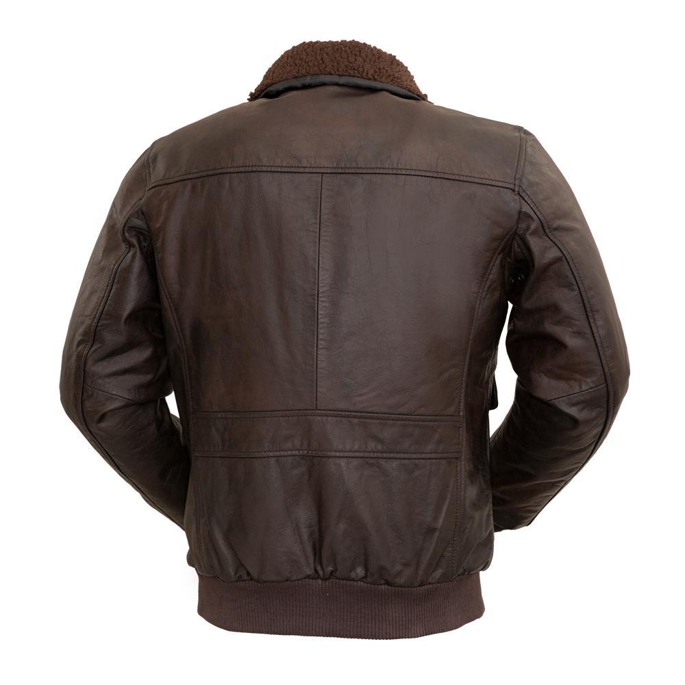 Men's Bomber Leather Jacket made from genuine buffalo leather with removable faux shearling collar and multiple pockets.