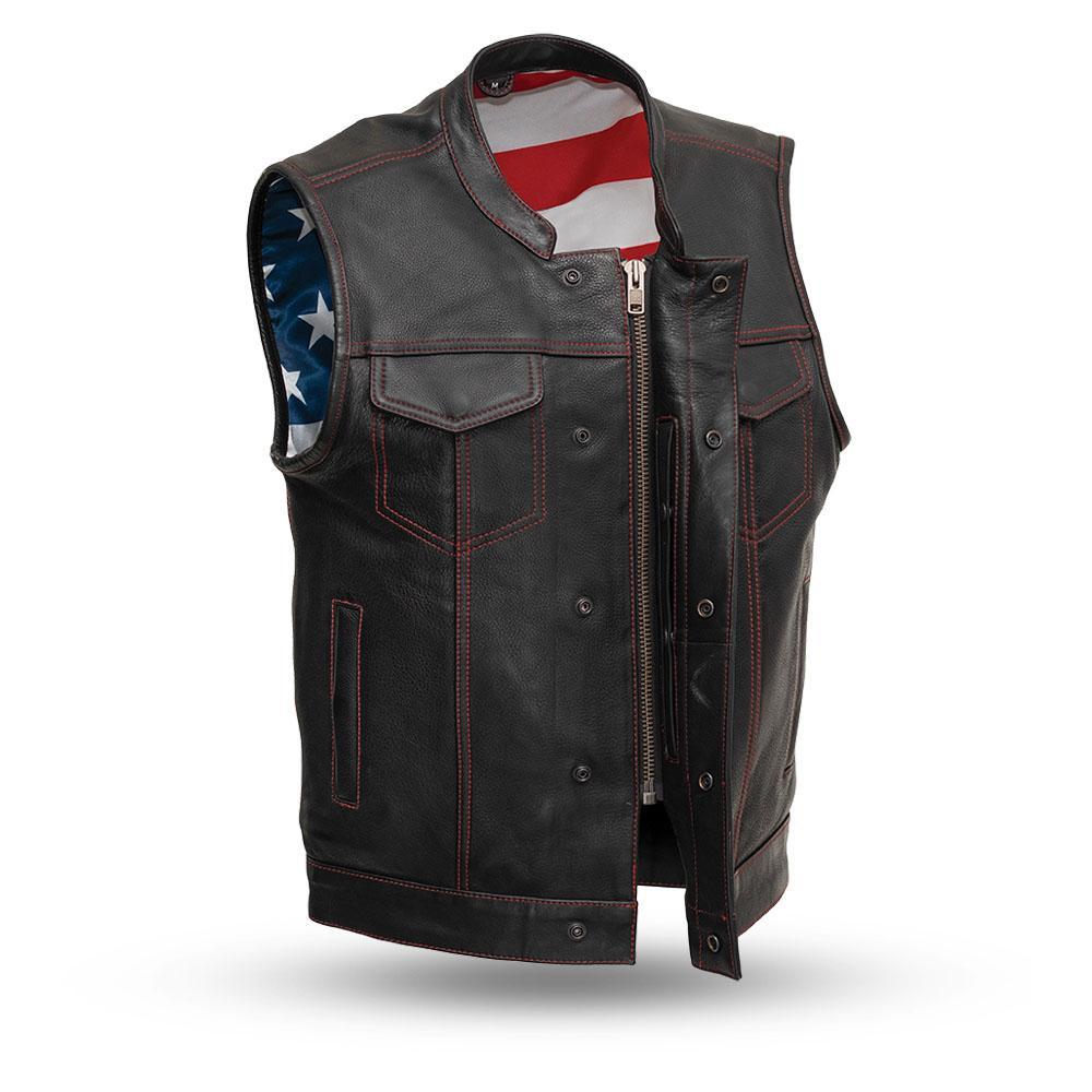 Born Free Men's Motorcycle Leather Vest featuring red stitching, banded collar, and multiple pockets for functionality.