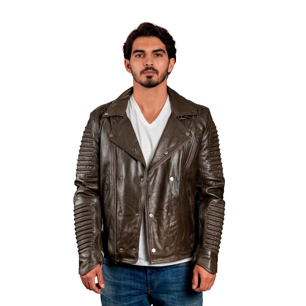 Brooklyn Men's Fashion Lambskin Leather Jacket in Army Green featuring asymmetrical zippers and ribbed accents.