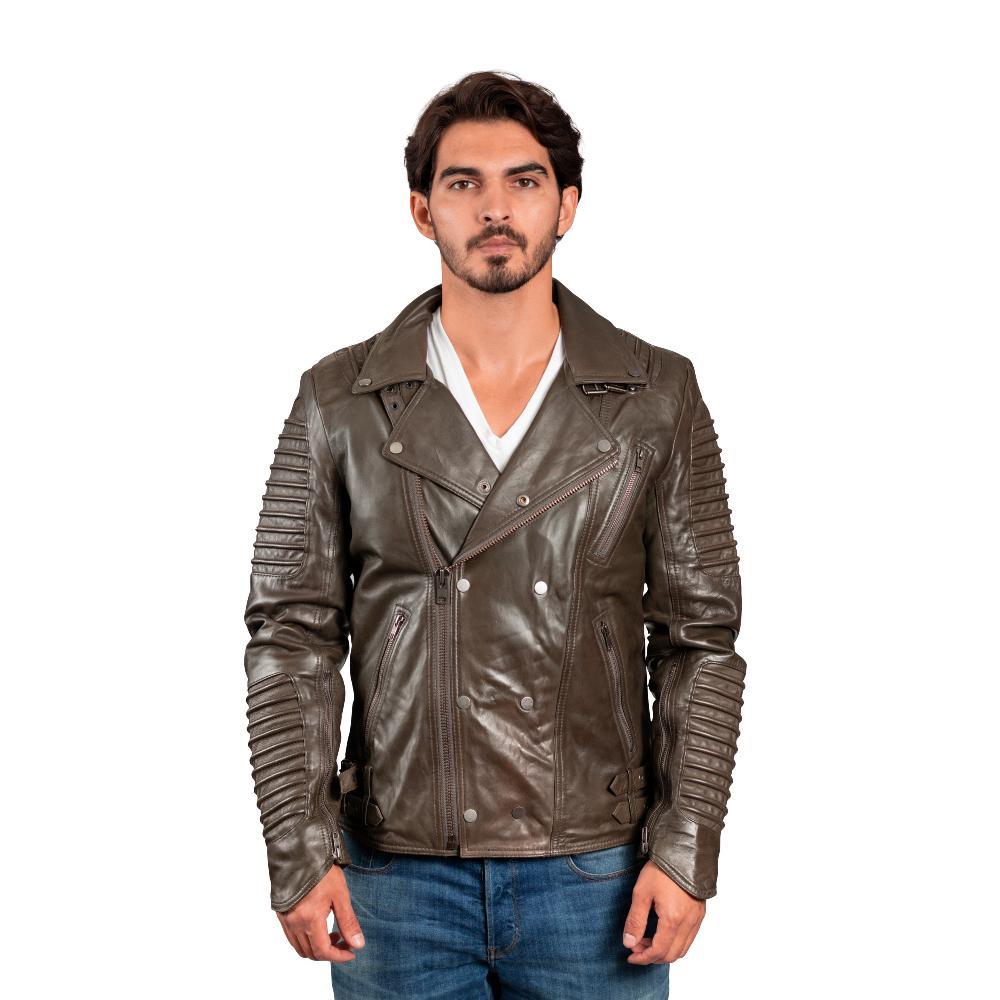 Brooklyn Men's Fashion Lambskin Leather Jacket in Army Green featuring asymmetrical zippers and ribbed accents.