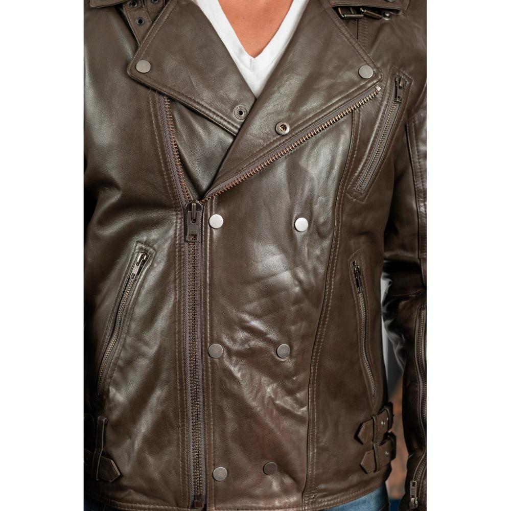 Brooklyn Men's Fashion Lambskin Leather Jacket in Army Green featuring asymmetrical zippers and ribbed accents.