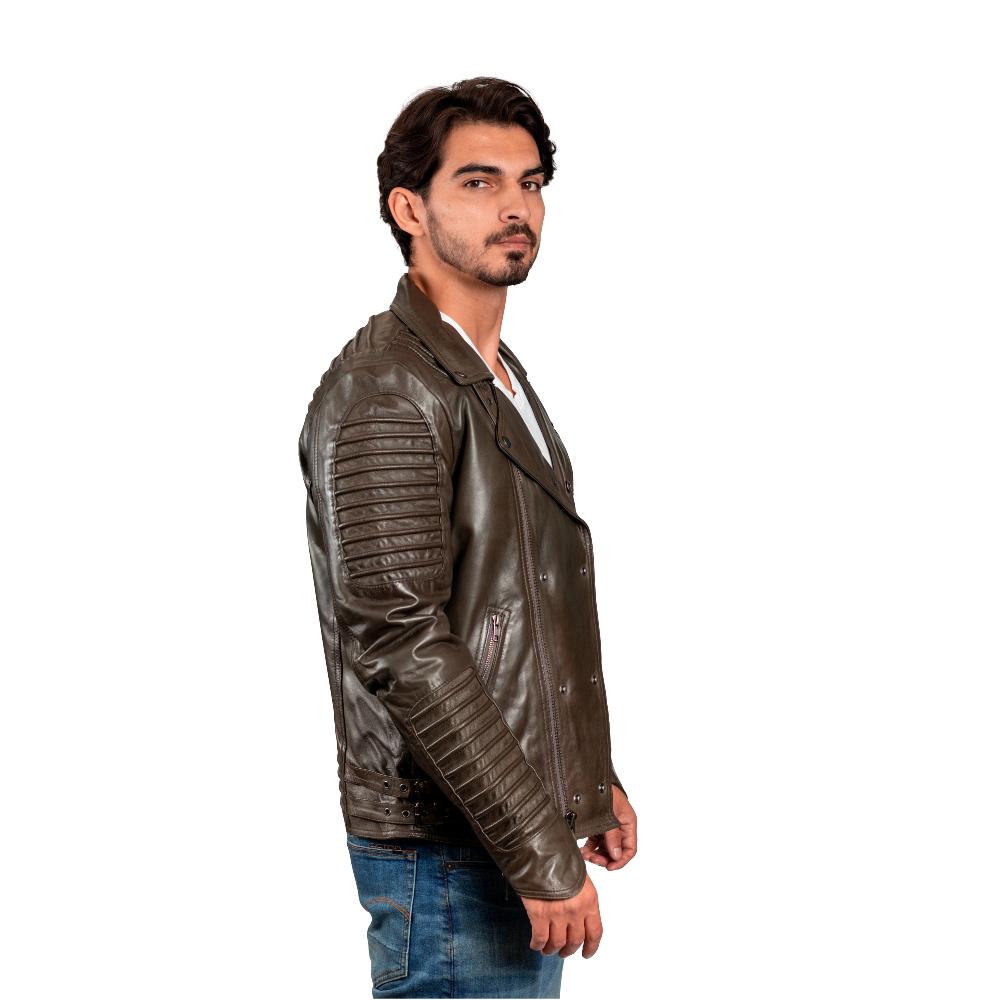 Brooklyn Men's Fashion Lambskin Leather Jacket in Army Green featuring asymmetrical zippers and ribbed accents.