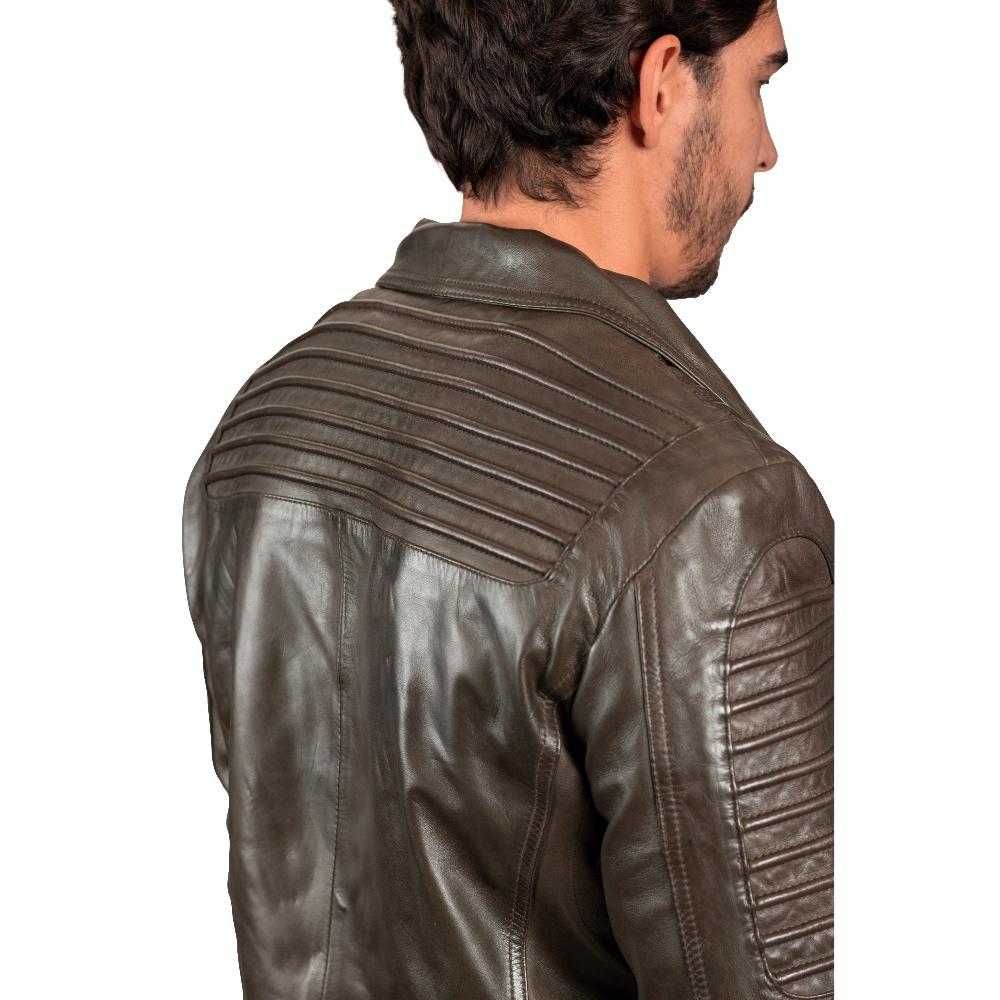 Brooklyn Men's Fashion Lambskin Leather Jacket in Army Green featuring asymmetrical zippers and ribbed accents.