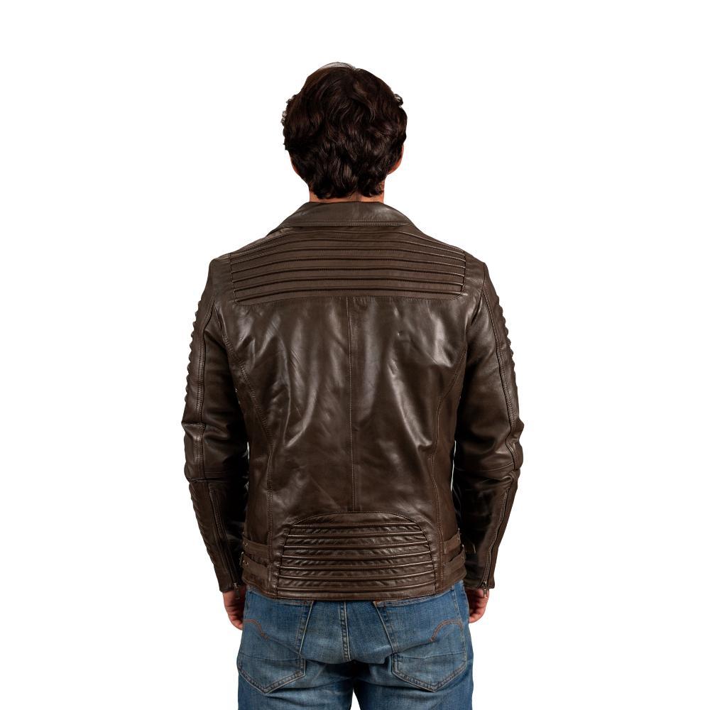 Brooklyn Men's Fashion Lambskin Leather Jacket in Army Green featuring asymmetrical zippers and ribbed accents.