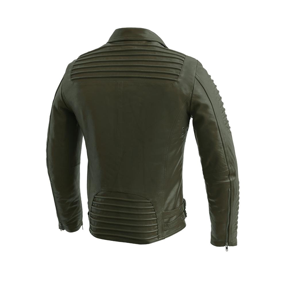 Brooklyn Men's Fashion Lambskin Leather Jacket in Army Green featuring asymmetrical zippers and ribbed accents.