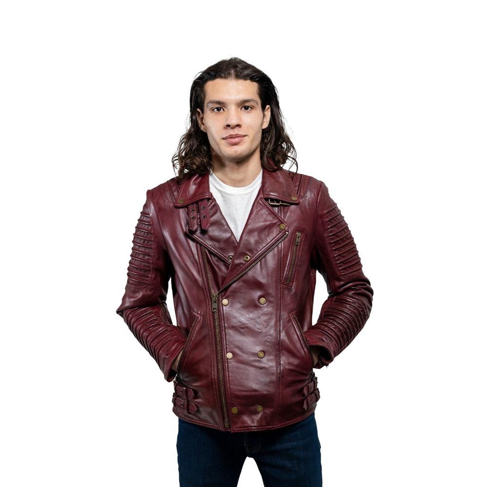 Brooklyn Men's Lambskin Leather Jacket in Oxblood with asymmetrical zippers and ribbed accents.
