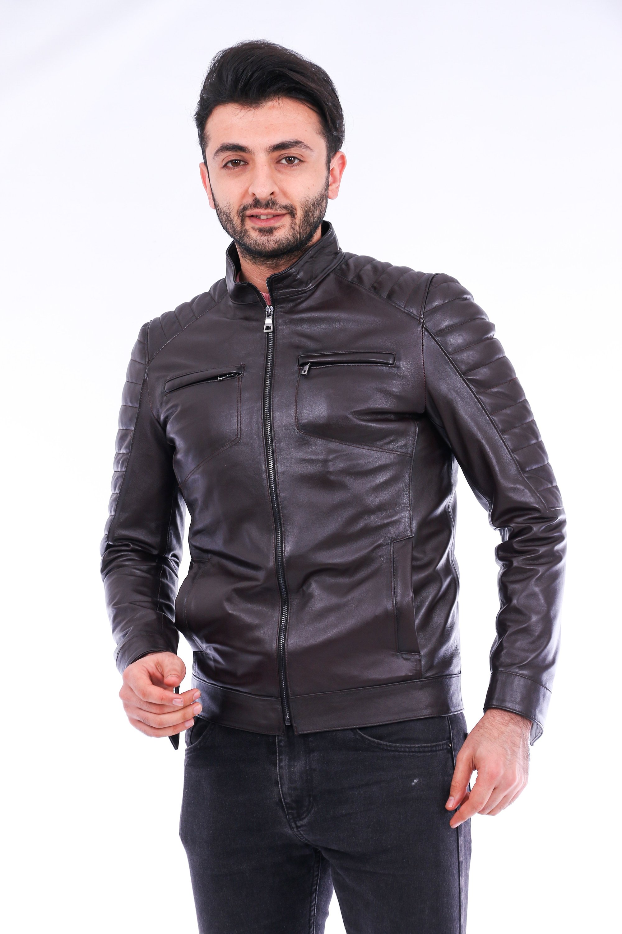 Bussana Biker Leather Jacket in black, showcasing premium nappa lambskin with polished silver-tone hardware and four outside pockets.