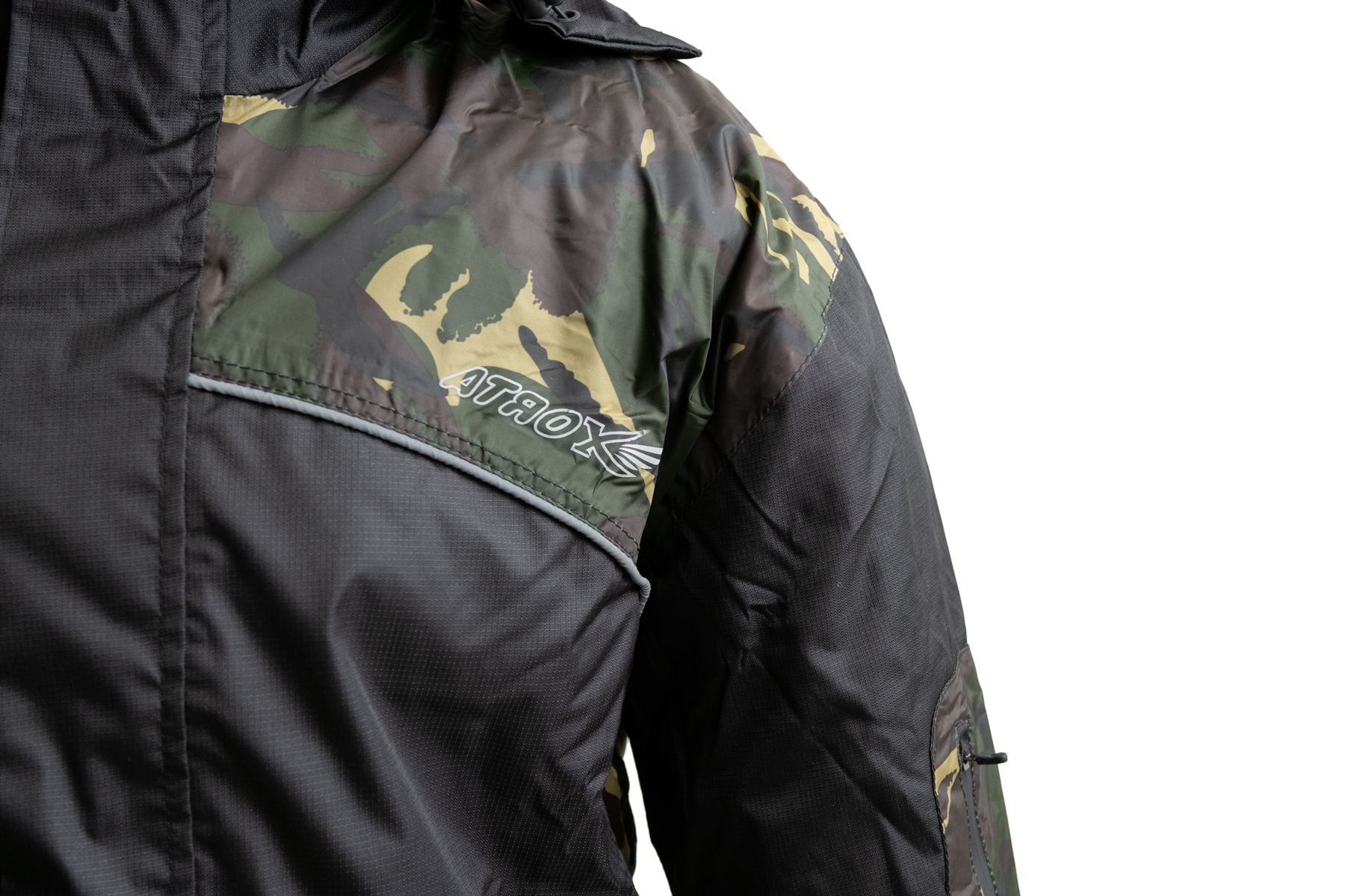Camo Men's Motorcycle Rain Suit displayed on a mannequin, showcasing its waterproof design and reflective trim.