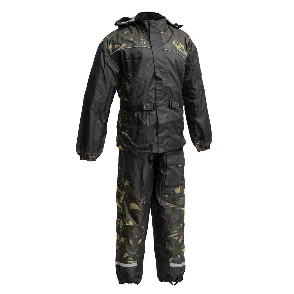 Camo Men's Motorcycle Rain Suit displayed on a mannequin, showcasing its waterproof design and reflective trim.