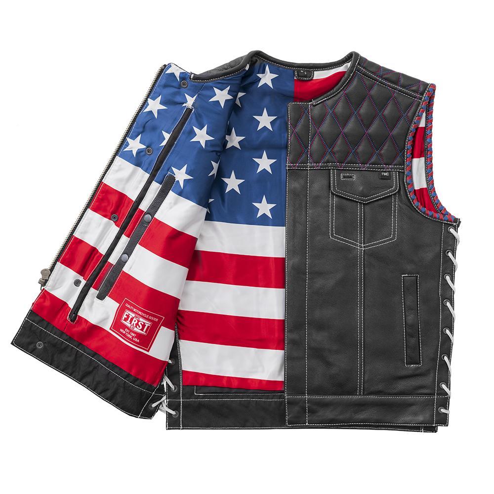 Captain Men's Club Style Leather Vest featuring diamond naked cowhide, red and blue stitching, and concealed carry pockets.