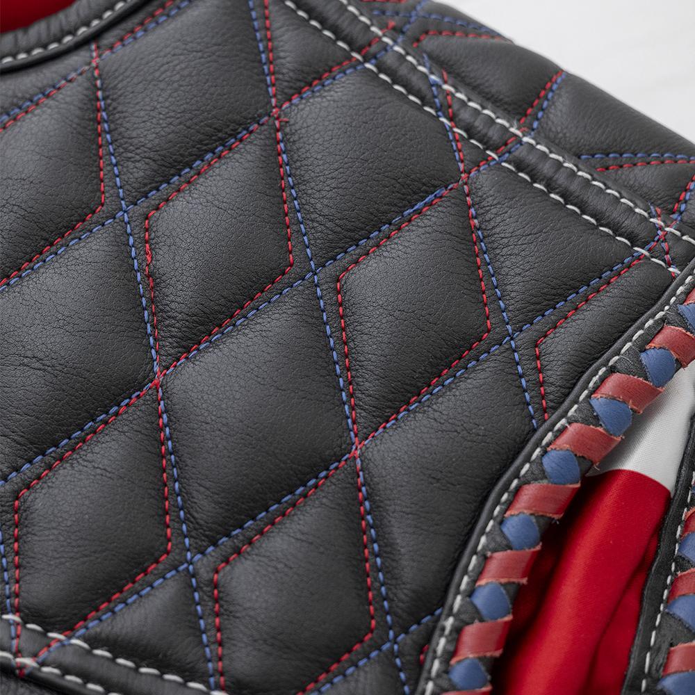 Captain Men's Club Style Leather Vest featuring diamond naked cowhide, red and blue stitching, and concealed carry pockets.