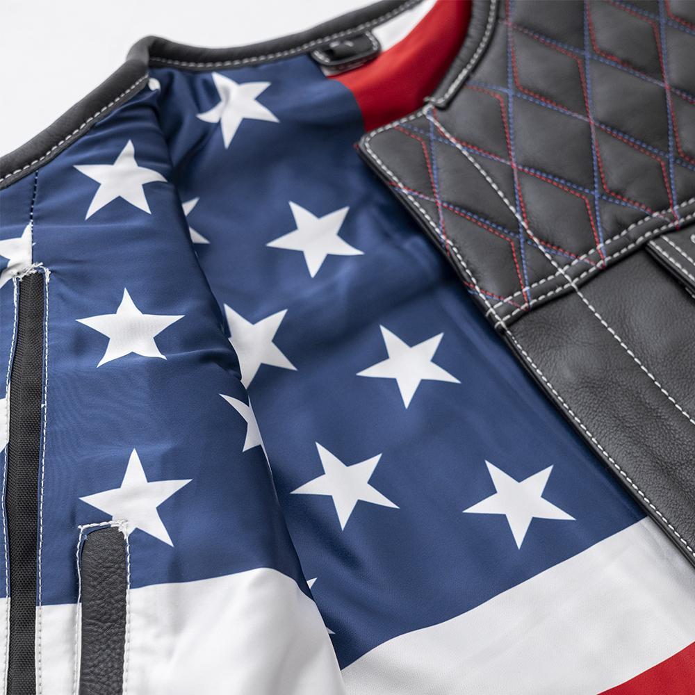 Captain Men's Club Style Leather Vest featuring diamond naked cowhide, red and blue stitching, and concealed carry pockets.