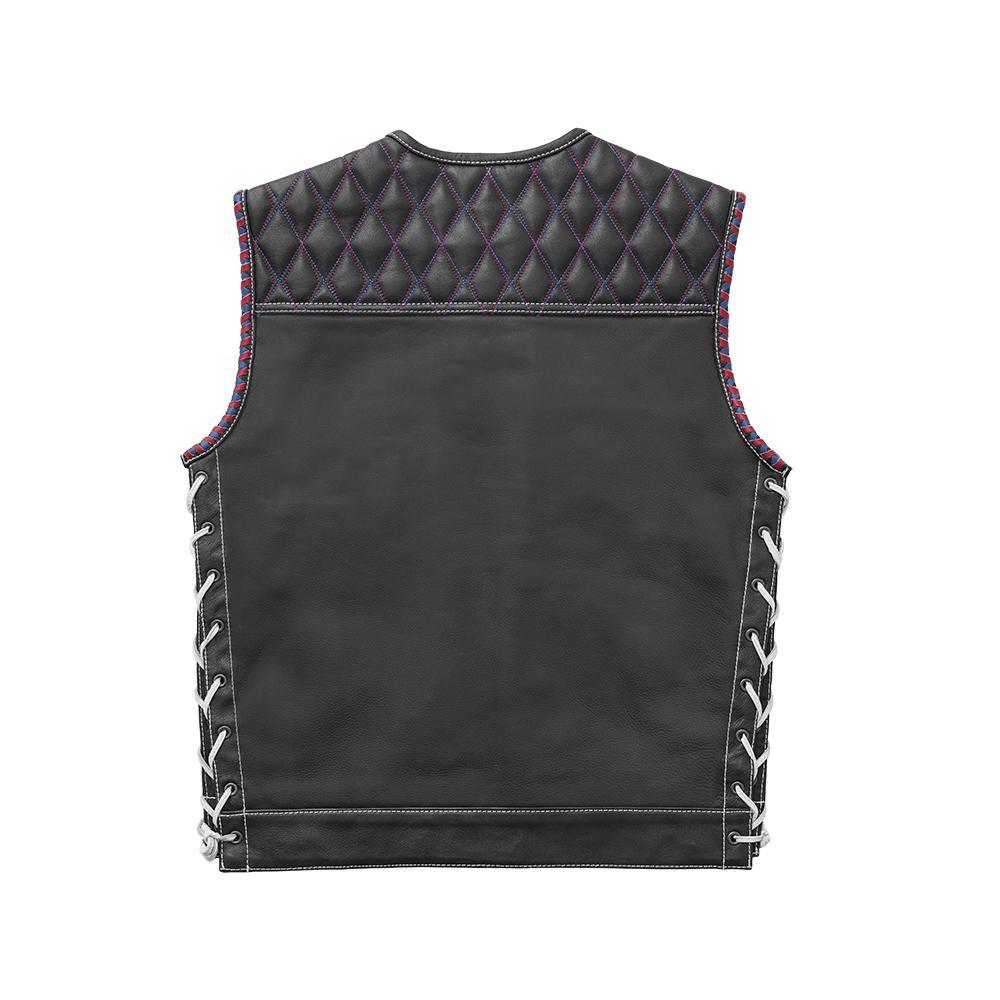 Captain Men's Club Style Leather Vest featuring diamond naked cowhide, red and blue stitching, and concealed carry pockets.