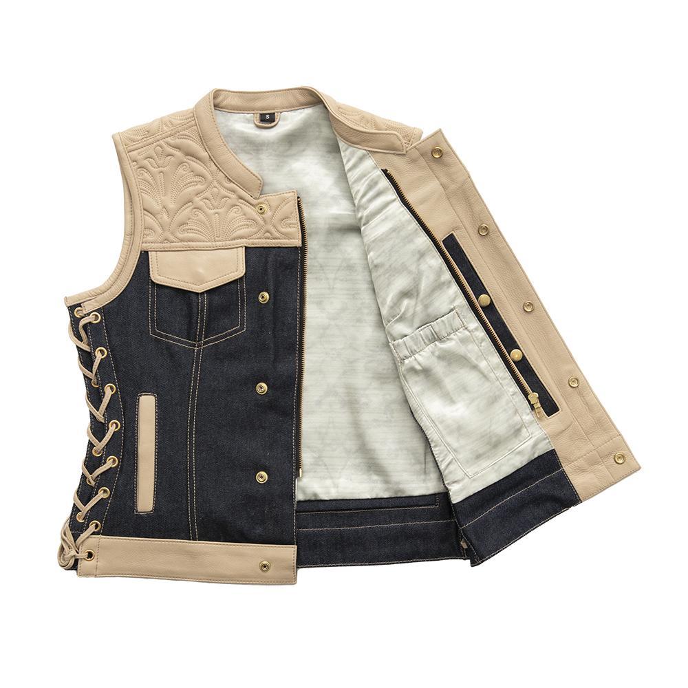 Cedar Women's Club Style Motorcycle Vest featuring leather and denim with concealed carry pockets.
