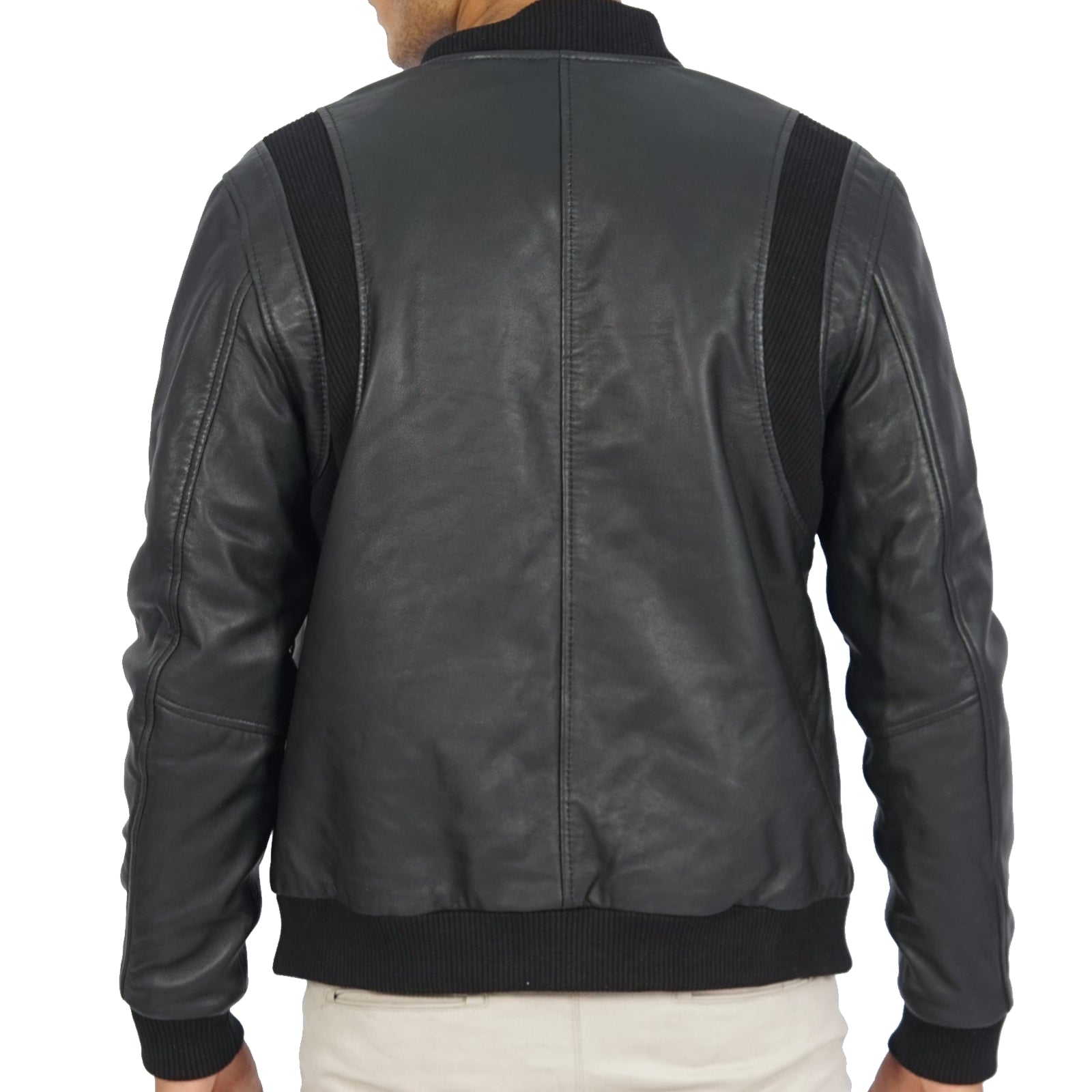 Charlie Black Leather Bomber Jacket made from soft lamb nappa leather with stylish rib panelling.