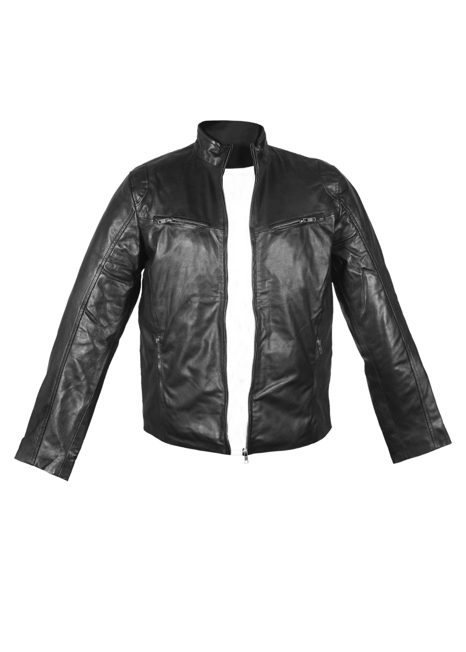Classic Black Lambskin Leather Jacket for Men, featuring a tailored cut and satin lining, showcasing elegance and sophistication.
