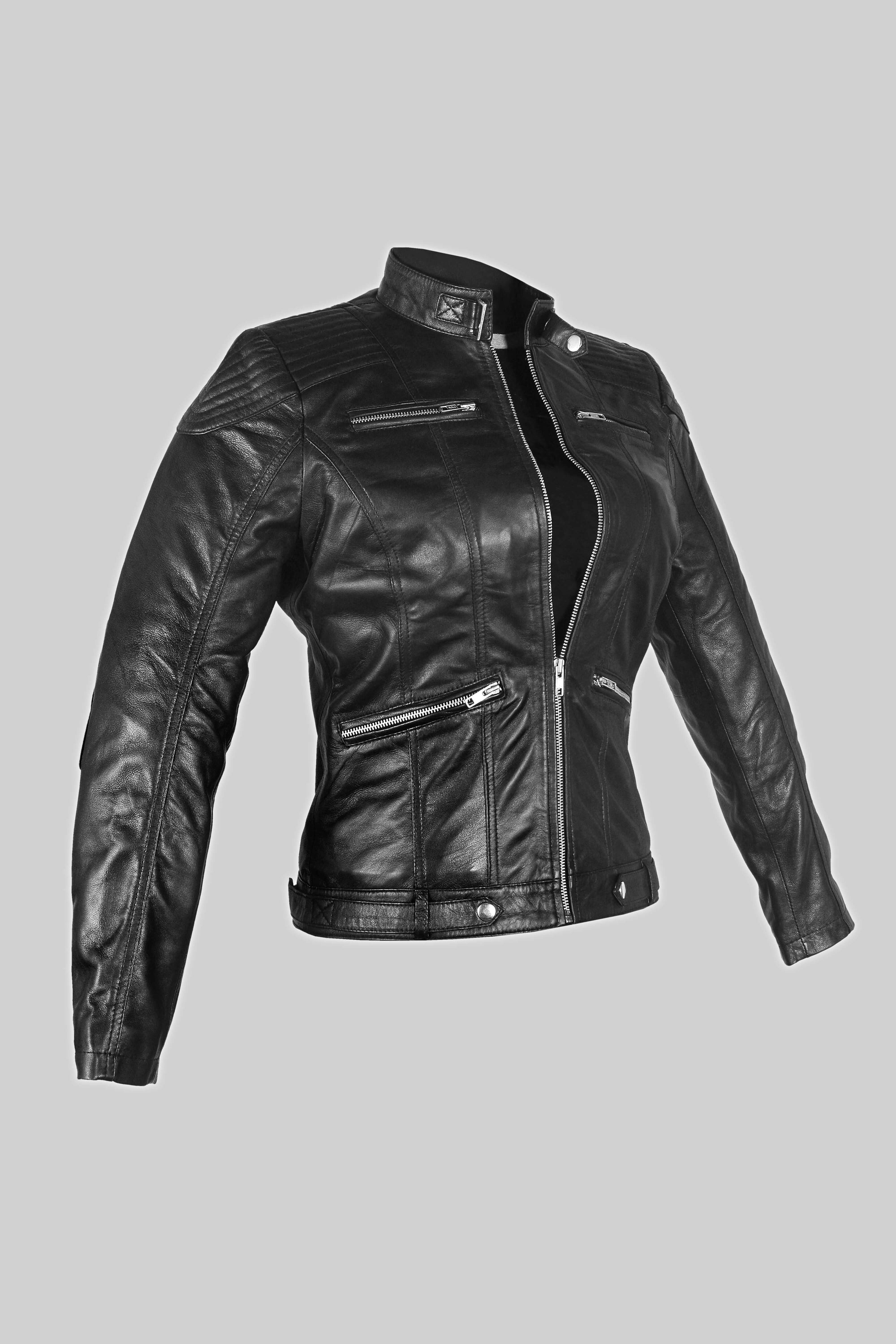 Classic Black Lambskin Leather Jacket for Women with tailored cut and satin lining, showcasing elegance and sophistication.