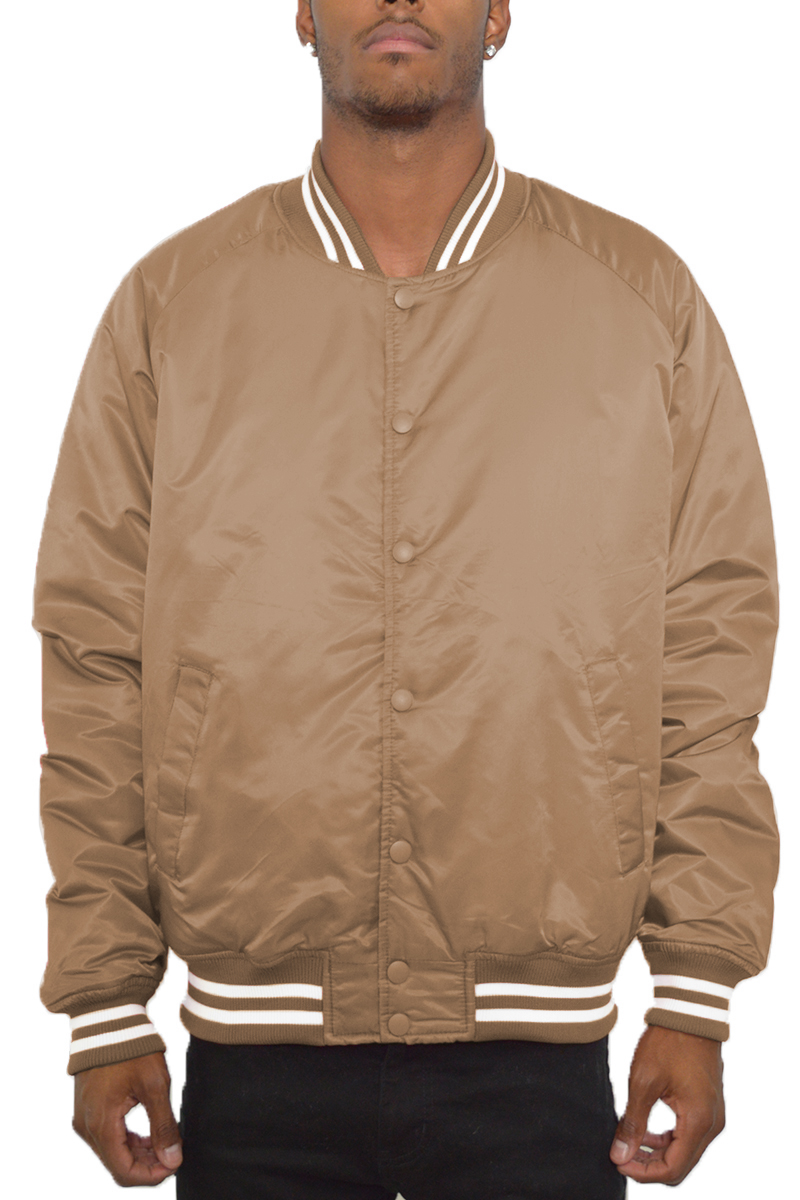 Classic Varsity Bomber Jacket featuring a snap button closure, ribbed collar, waist, and cuffs, shown on a model.