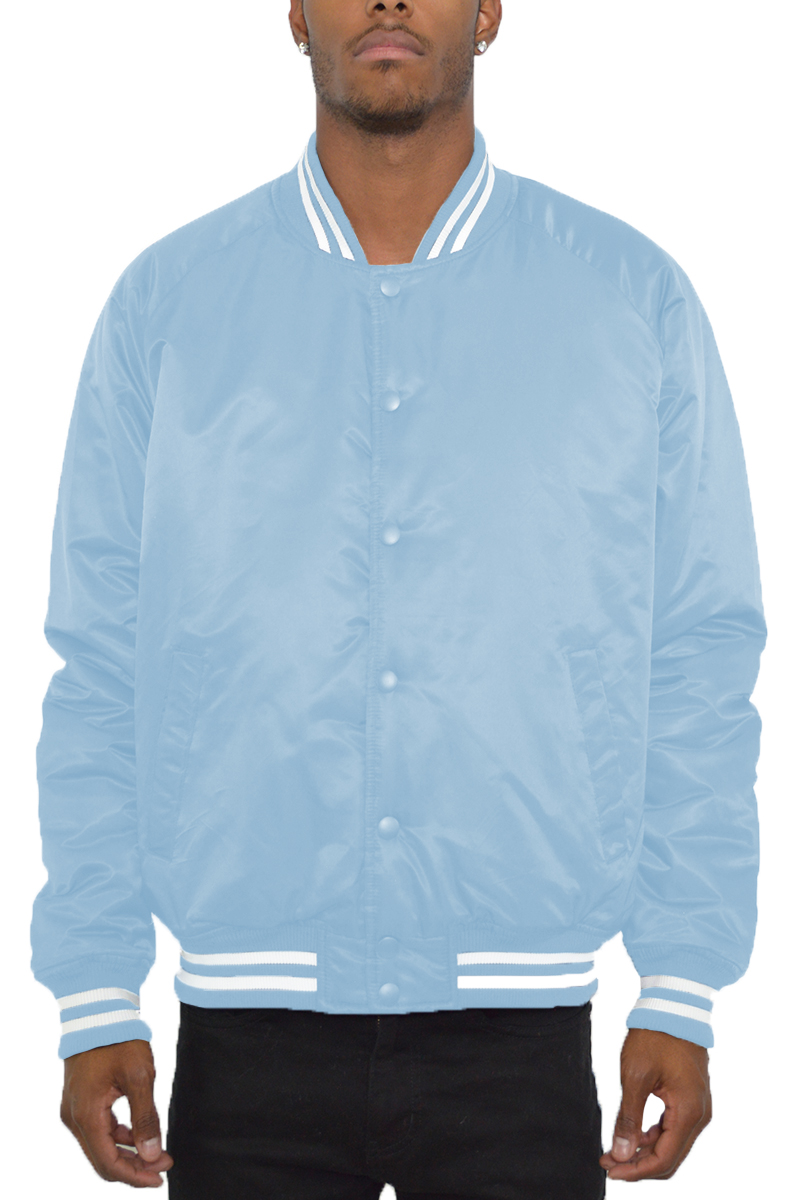 Classic Varsity Bomber Jacket featuring snap button closure and ribbed details.