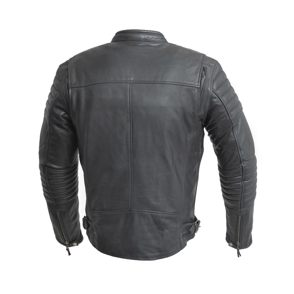 Commuter Men's Motorcycle Leather Jacket in black, showcasing vintage cowhide leather, padded shoulders, and multiple pockets.