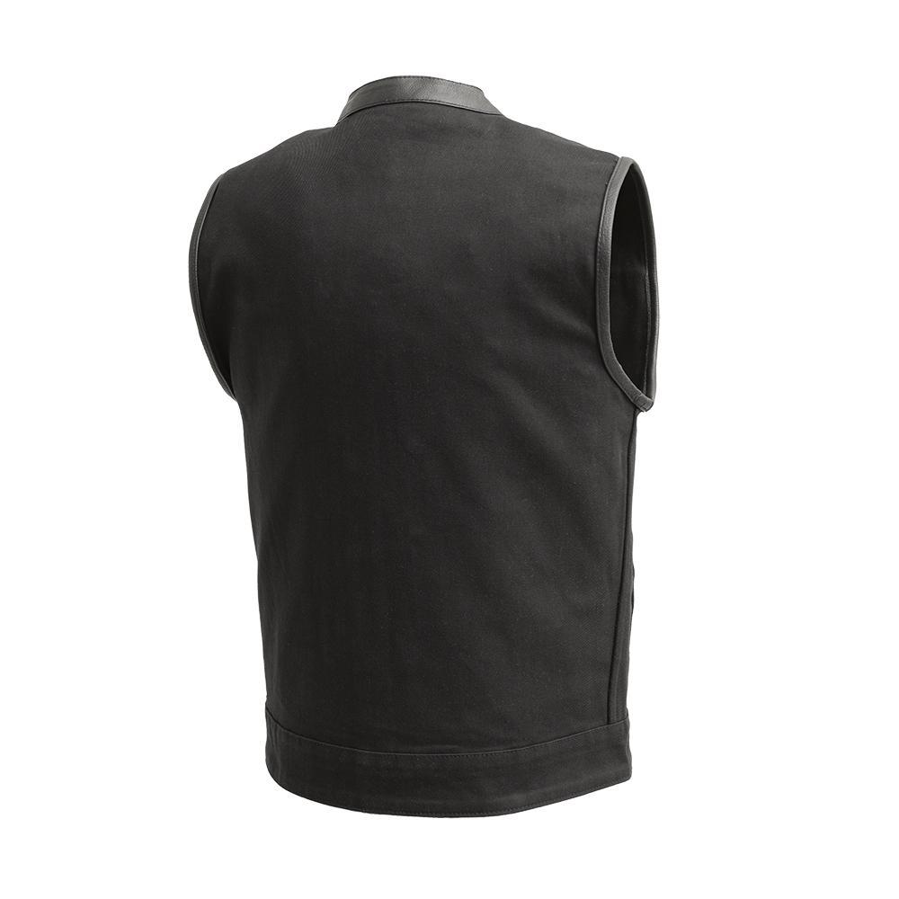Crossover Men's Motorcycle Twill Vest in jet black with leather trim, featuring multiple pockets for functionality.