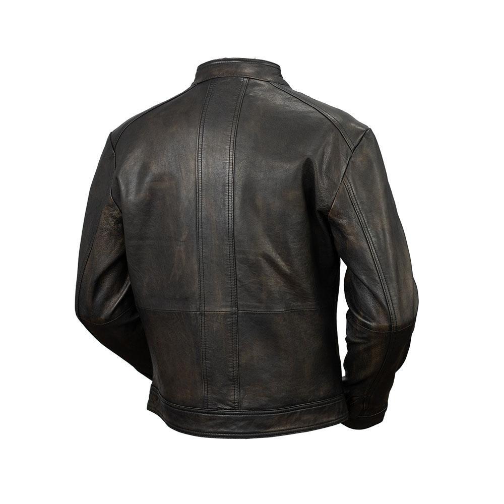 Cruiser Men's Leather Jacket in distressed black with stripe detail, showcasing its classic fit and genuine sheepskin leather.