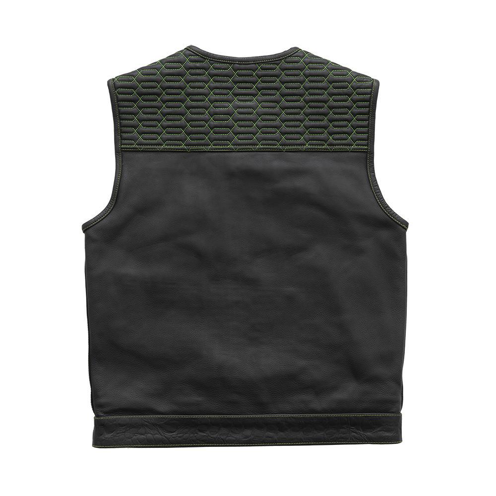 Crysis Men's Club Style Leather Vest featuring lime green stitching and crocodile embossed details.