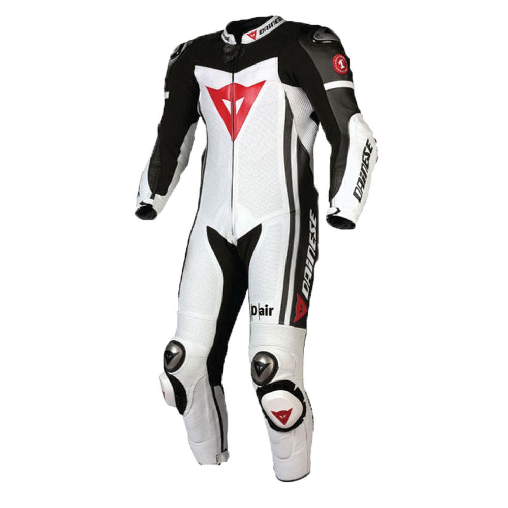 Dainese Motorcycle Leather Suit showcasing premium cowhide leather and protective features, designed for safety and comfort.