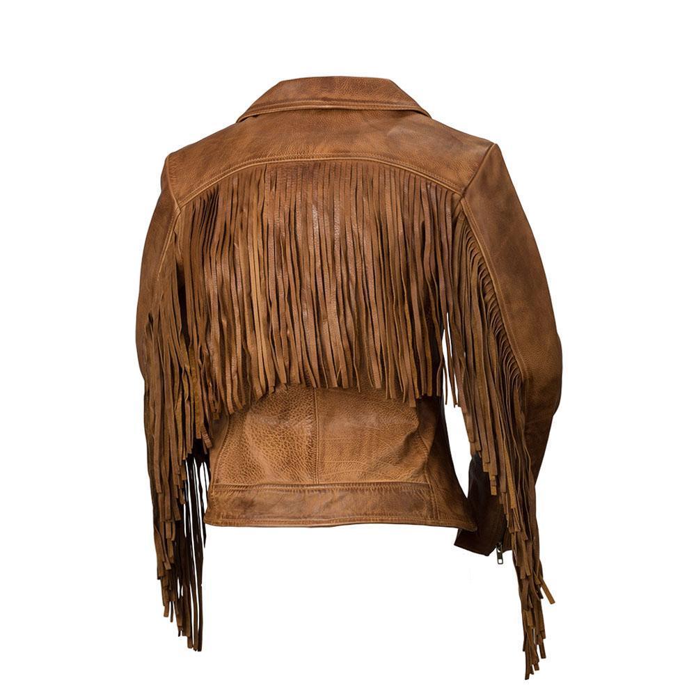 Daisy Women's Leather Jacket featuring fringe details and an asymmetrical collar in black, whiskey, and oxblood colors.