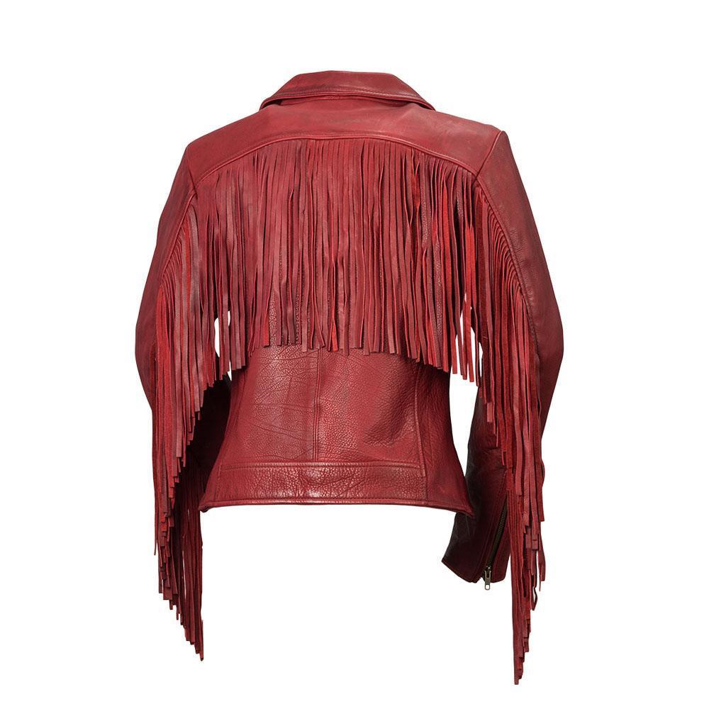 Daisy Women's Leather Jacket featuring fringe details and an asymmetrical collar in black, whiskey, and oxblood colors.