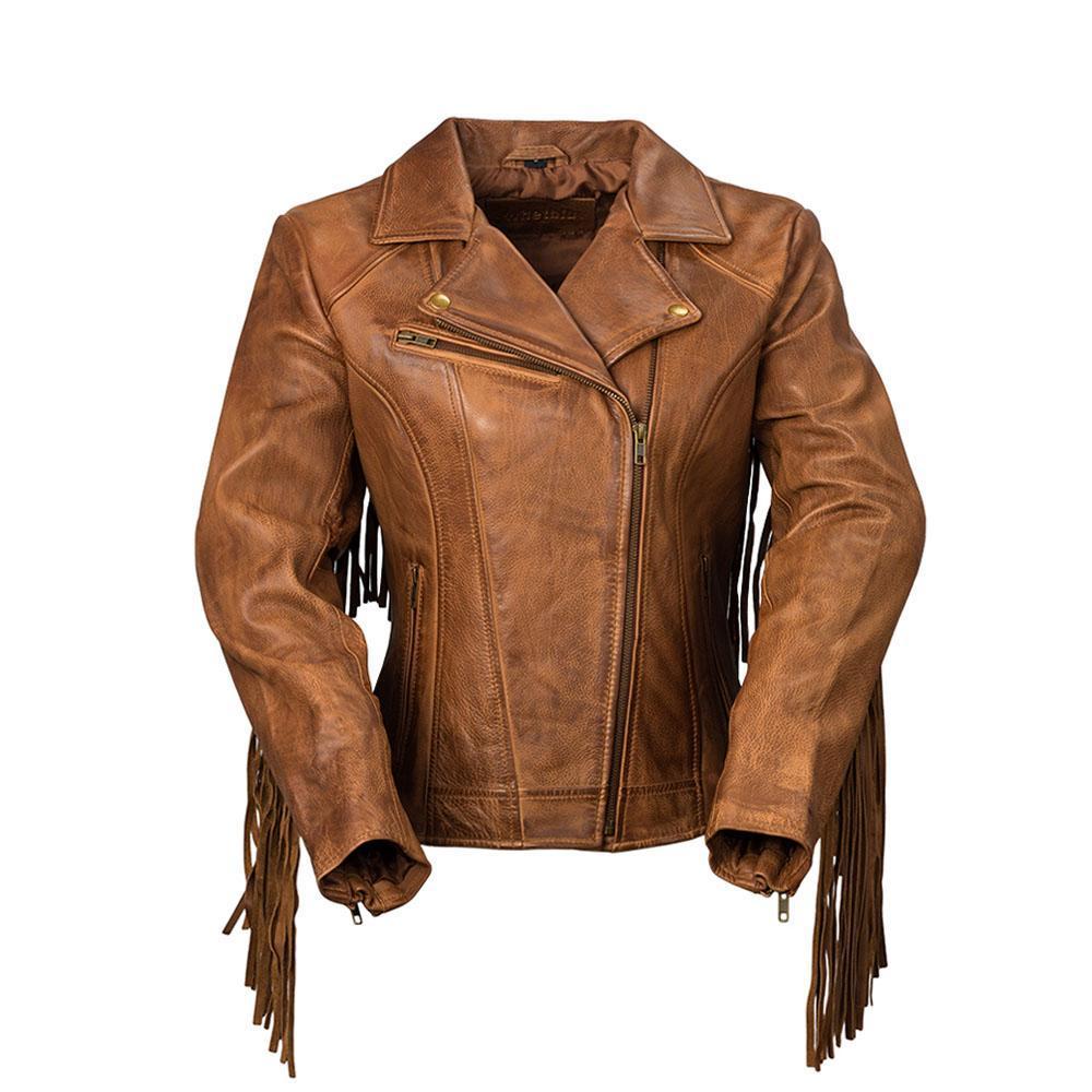 Daisy Women's Leather Jacket featuring fringe details and an asymmetrical collar in black, whiskey, and oxblood colors.