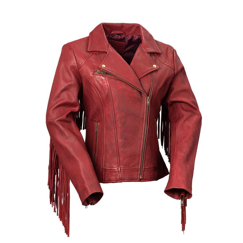Daisy Women's Leather Jacket featuring fringe details and an asymmetrical collar in black, whiskey, and oxblood colors.