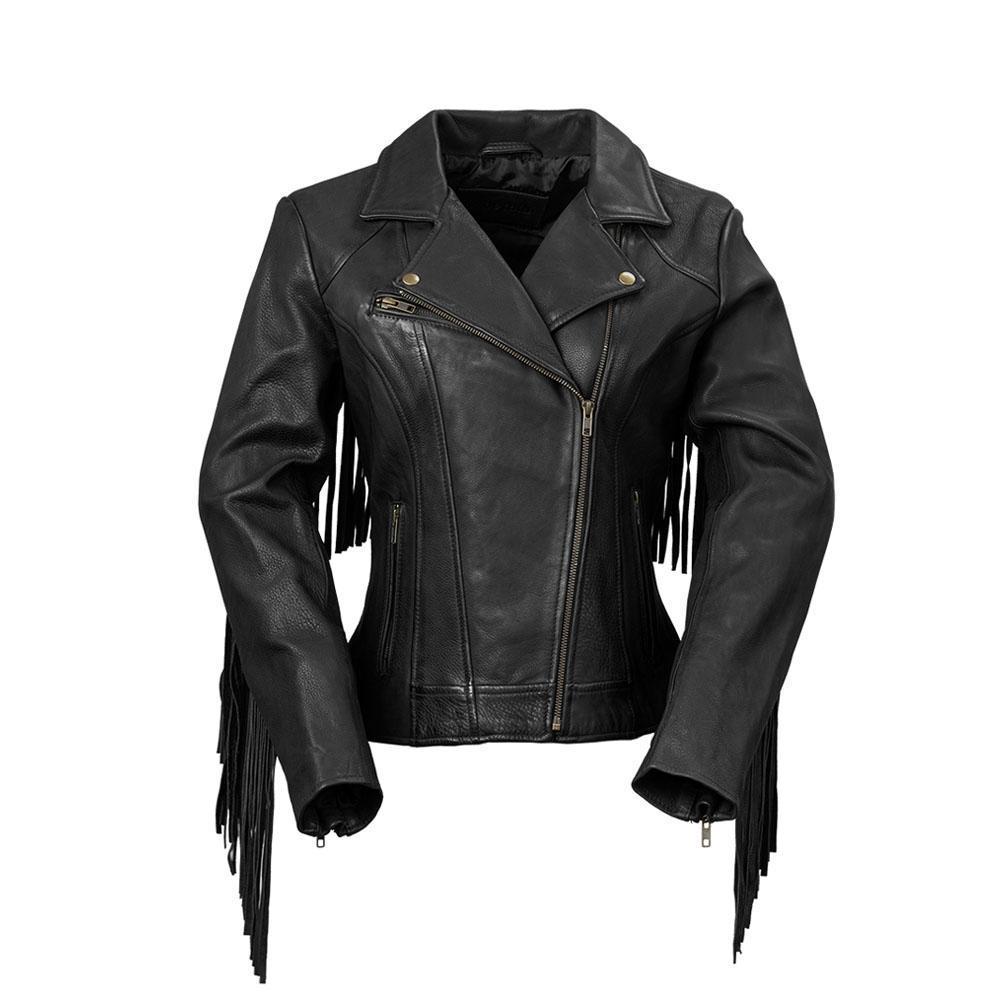 Daisy Women's Leather Jacket featuring fringe details and an asymmetrical collar in black, whiskey, and oxblood colors.