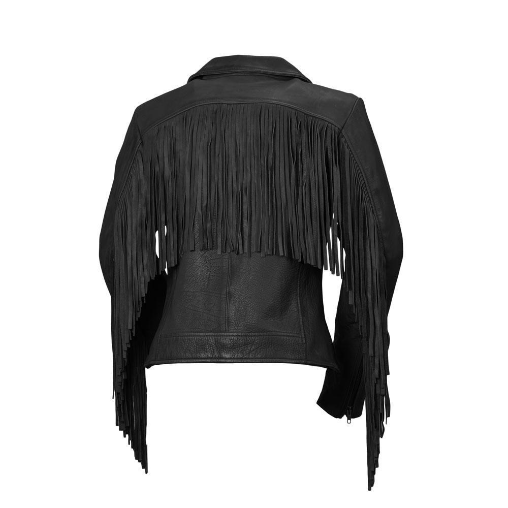 Daisy Women's Leather Jacket featuring fringe details and an asymmetrical collar in black, whiskey, and oxblood colors.