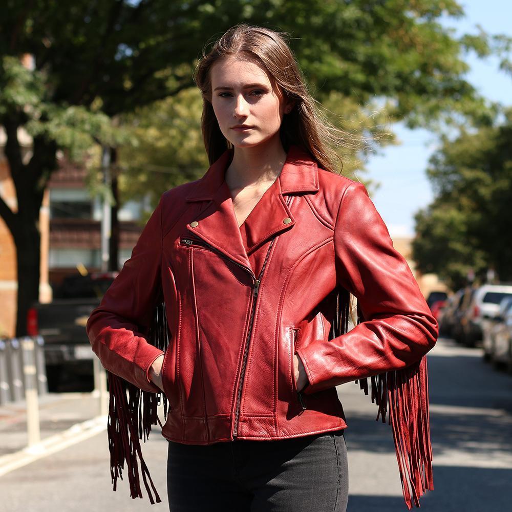 Daisy Women's Leather Jacket featuring fringe details and an asymmetrical collar in black, whiskey, and oxblood colors.