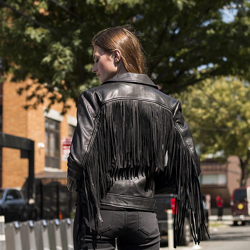 Daisy Women's Leather Jacket featuring fringe details and an asymmetrical collar in black, whiskey, and oxblood colors.