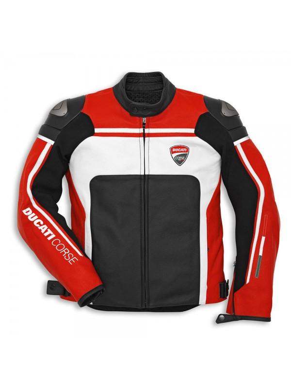 Ducati Corse Mens Style Leather Motorcycle Jacket showcasing premium cowhide leather and stylish design, perfect for motorcycle riders.