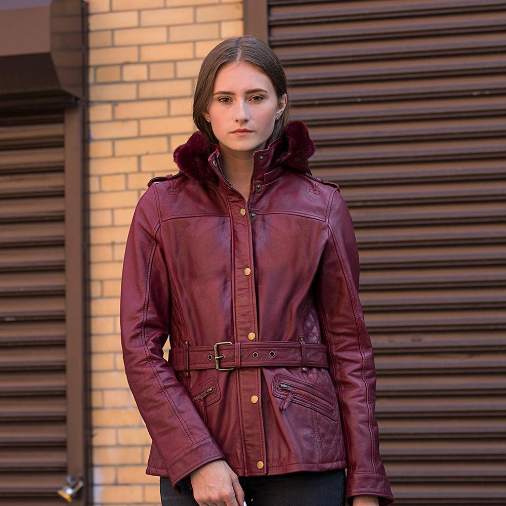 Elle Women's Leather Jacket featuring a diamond quilted design and luxurious fox fur collar in oxblood color.
