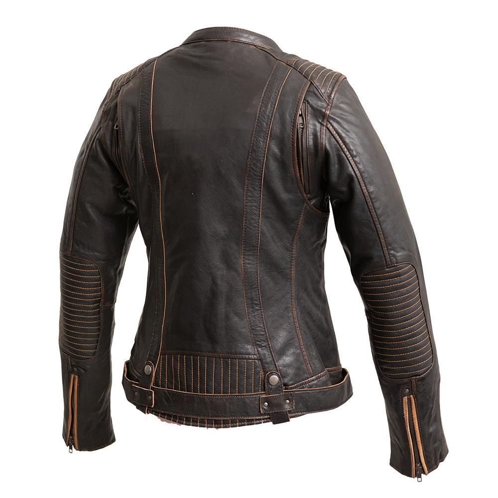 Electra Women's Leather Motorcycle Jacket featuring a stylish scooter design, banded collar, and multiple pockets for functionality.