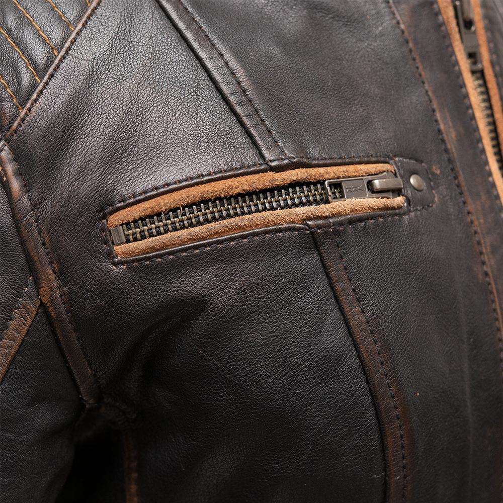 Electra Women's Leather Motorcycle Jacket featuring a stylish scooter design, banded collar, and multiple pockets for functionality.